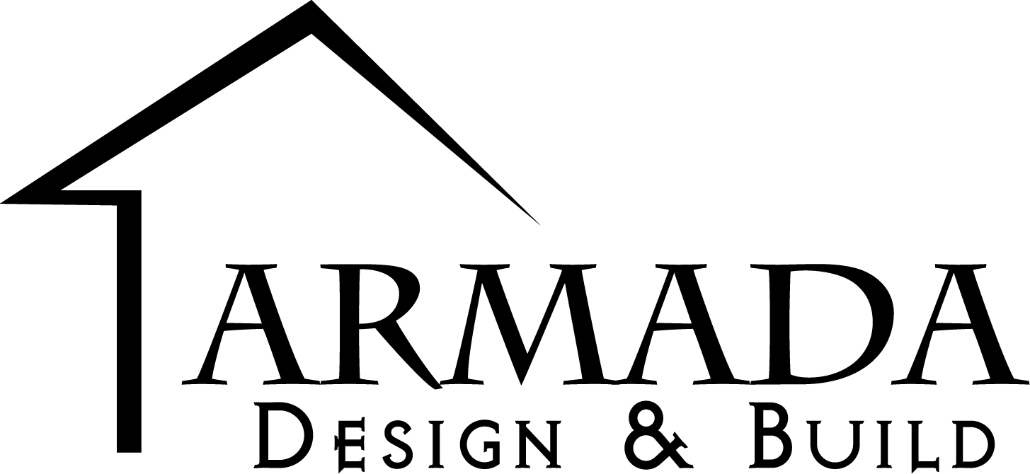 Logo for Armada Design & Build, featuring the company name in black text with a stylized roofline above the A in Armada resembling the outline of a house.